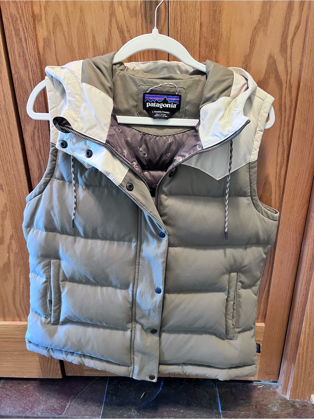 Patagonia Olive Green Puffer Vest with Cream Hood